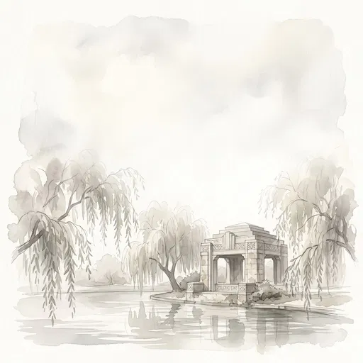 Art Deco Pavilion and Willows Watercolor