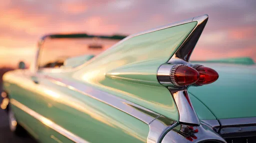 Mint Green Vintage Car Tailfin at Sunset