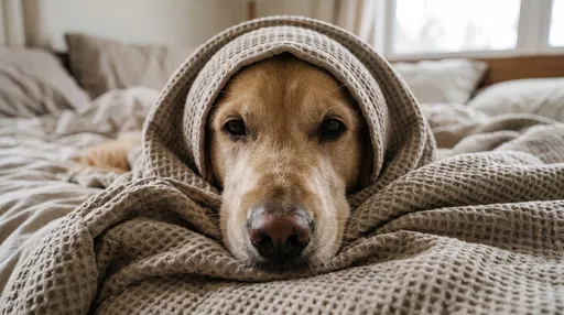 Golden Retriever Wrapped in Beige Blanket