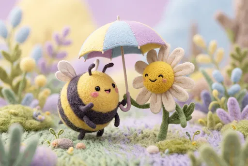 Felt Bumblebee and Flower Sharing Pastel Umbrella