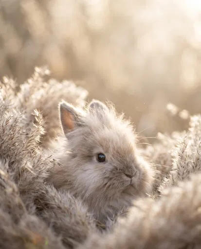 Fluffy Beige Bunny in Dried Pampas Grass