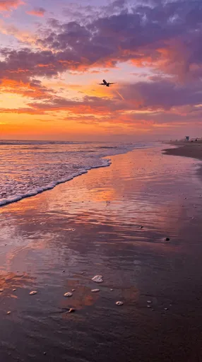 Airplane Climbing Over Sunset Beach Shoreline