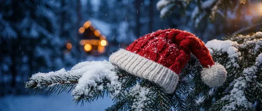 Knitted Christmas Hat on Snowy Branch