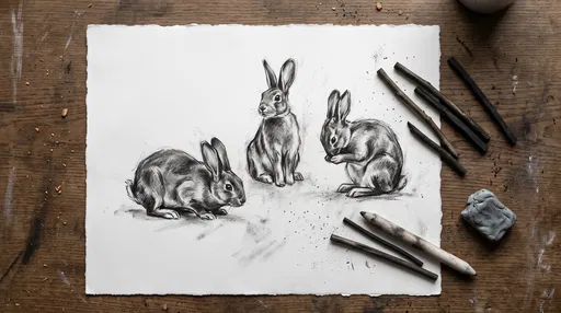 Charcoal Sketch of Three Rabbits on Desk