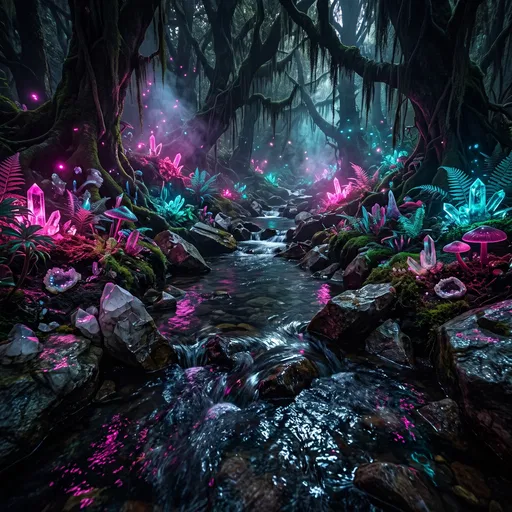 Bioluminescent Crystal Stream in Dark Forest