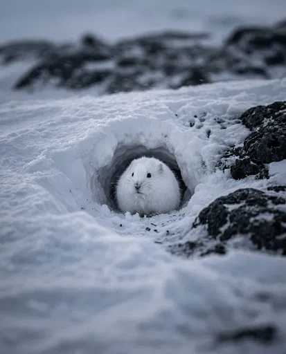 White Lemming Peering From Snow Burrow