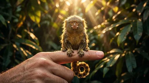 Tiny Pygmy Marmoset Perched on Finger