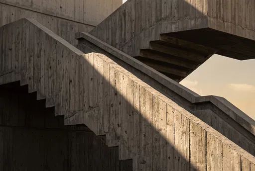 Brutalist Board-Formed Concrete Staircase in Sunlight