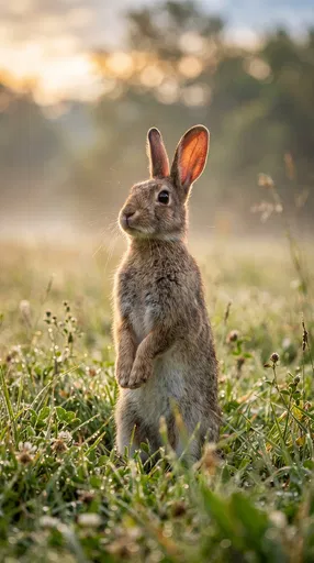 Wild Rabbit Standing in Morning Meadow