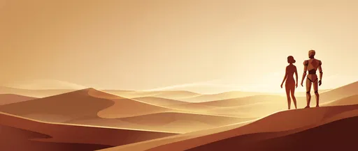 Human and Android Overlooking Desert Dunes