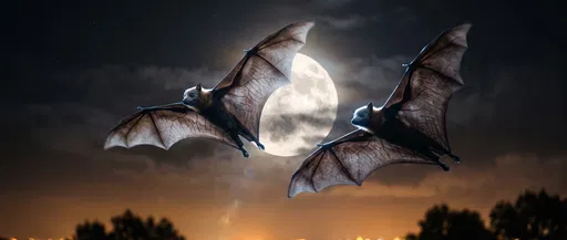 Two Flying Foxes Gliding Past Full Moon