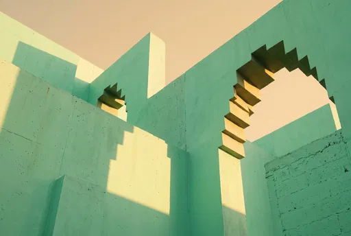 Mint Green Geometric Architecture With Stepped Arches