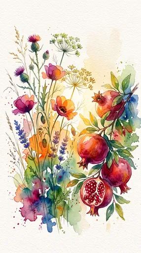 Watercolor Wildflowers and Ripe Pomegranates Illustration