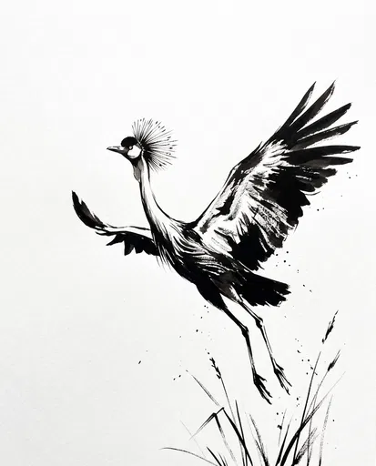Black Ink Drawing of Crowned Crane
