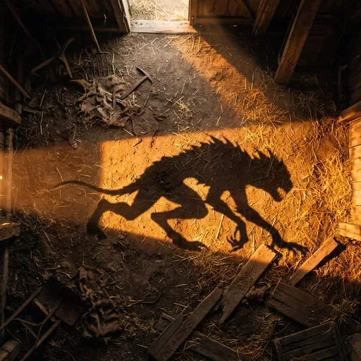Monster Shadow on Dusty Barn Floor