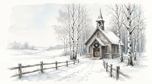Watercolor Winter Country Chapel in Snow