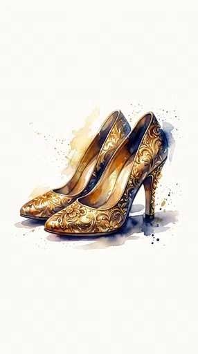 Ornate Gold High Heels Watercolor Illustration
