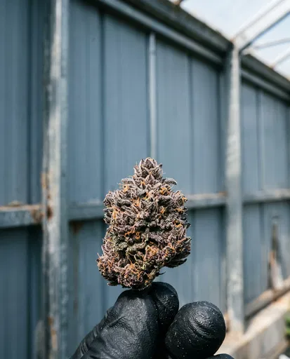 Gloved Hand Holding Purple Cannabis Bud