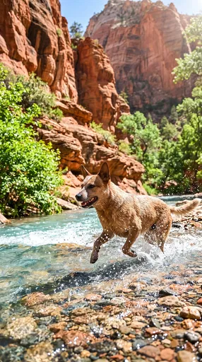Red Heeler Splashing in Canyon Creek
