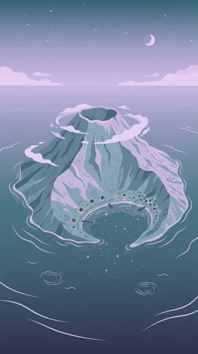 Volcanic Island Cove at Night Vector Illustration