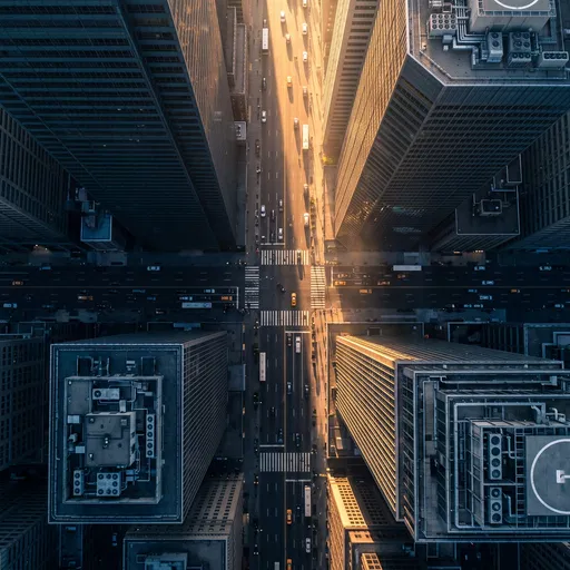 Aerial Top-Down View of City Intersection at Dawn