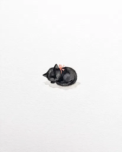 Sleeping Black Kitten Watercolor Illustration