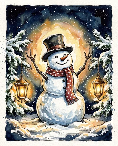 Festive Watercolor Snowman With Glowing Lanterns