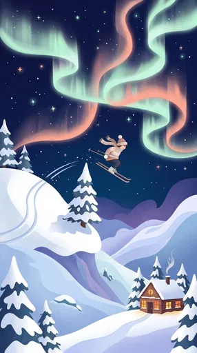 Illustration of Skier Jumping Under Aurora