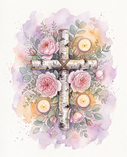 Watercolor Birch Cross With Roses and Candles