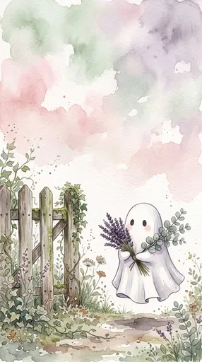 Watercolor Ghost Holding Lavender Bouquet