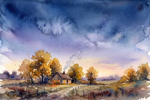 Watercolor Autumn Farmhouse Under Twilight Sky