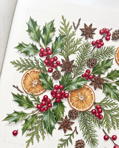 Colored Pencil Winter Botanical Sketchbook Illustration