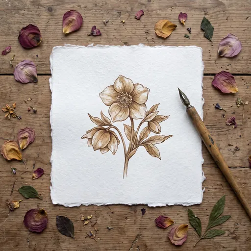 Sepia Hellebore Botanical Drawing Flat Lay
