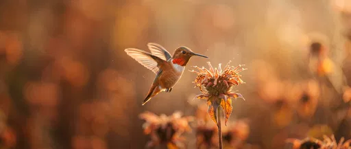 Rufous Hummingbird Hovering Near Autumn Flower