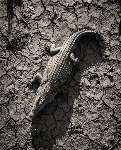 Overhead Monochrome Crocodile on Cracked Mud