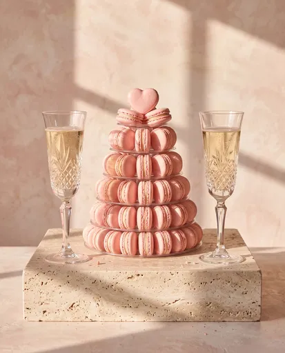 Pink Macaron Tower and Champagne Flutes
