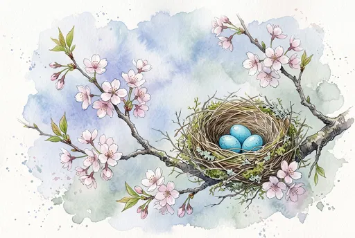 Watercolor Bird Nest on Cherry Blossom Branch