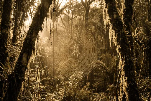 Glowing Spider Web in Sepia Forest