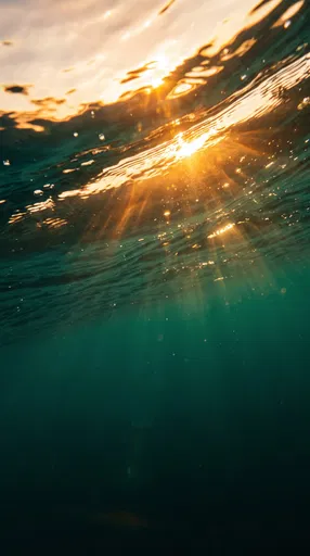 Golden Sunset Rays Through Underwater Surface