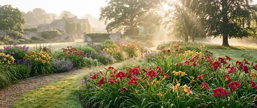 Sunlit Country Estate Garden With Blooming Daylilies