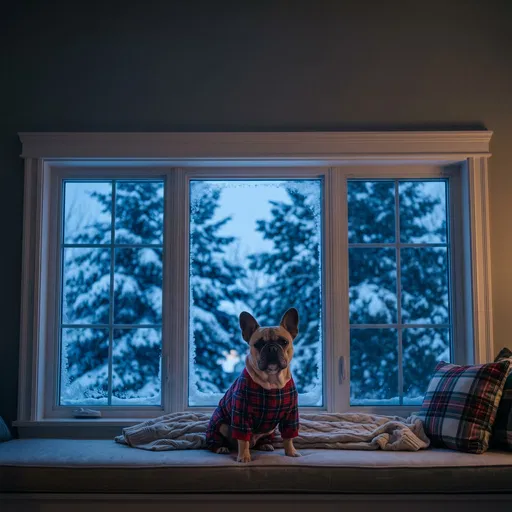 French Bulldog in Christmas Pajamas by Window