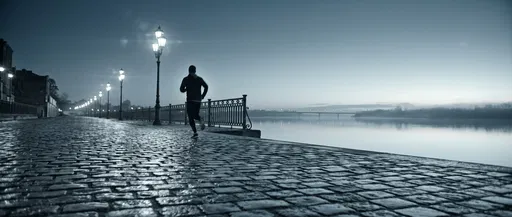 Lone Runner on Cobblestone Riverside at Dawn