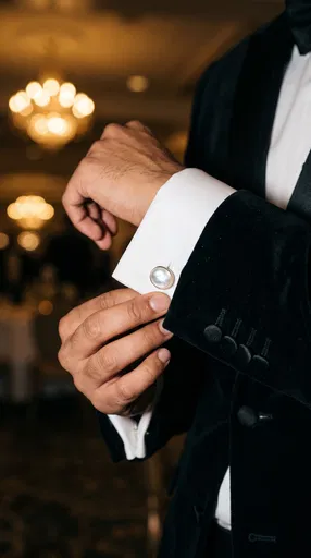 Man Fastening Cufflinks on Velvet Tuxedo