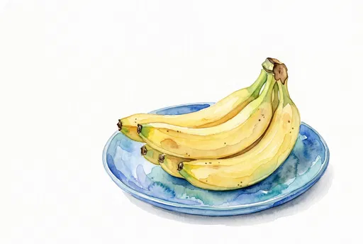 Watercolor Bananas on Blue Plate