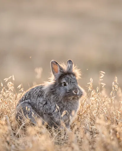 Grey Lionhead Rabbit in Golden Grass
