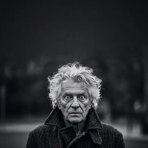 Monochrome Portrait of Wide-Eyed Older Man
