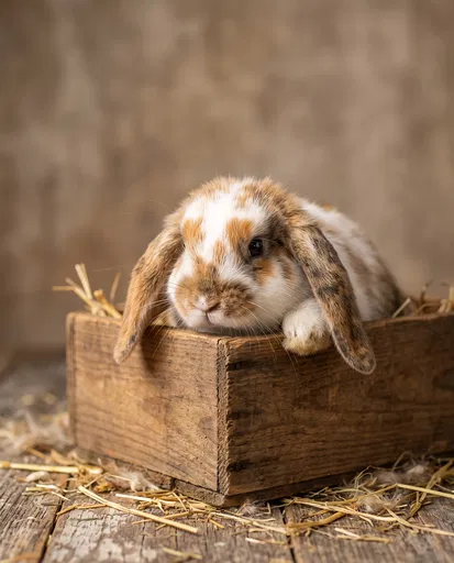 Lop Rabbit in Rustic Wooden Crate