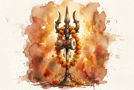 Watercolor Trishula Trident with Damaru and Marigolds