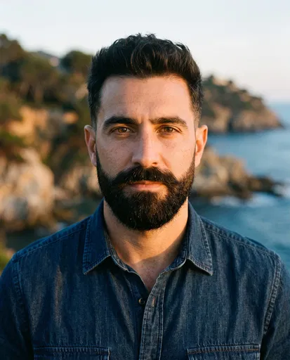 Bearded Man Portrait at Coastal Sunset