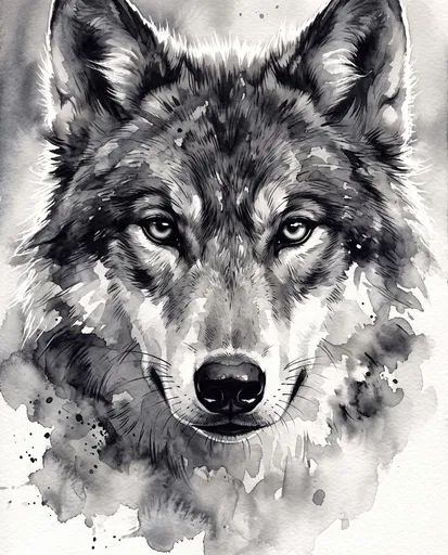 Monochrome Watercolor Grey Wolf Portrait